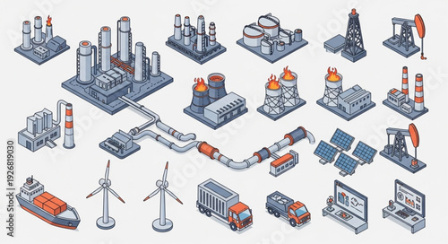 Isometric industrial infrastructure and transportation elements for energy production and distribution.