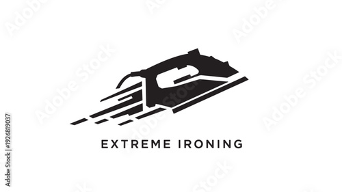 Stylish black and white logo featuring an iron in motion, representing extreme ironing services with a sleek, contemporary aesthetic.