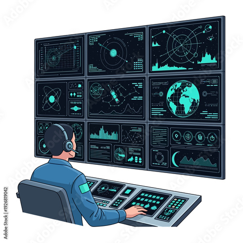 Technologist analyzing global data on futuristic control panel