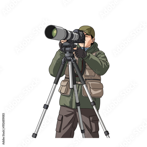 Professional photographer capturing wildlife moments with large telephoto lens