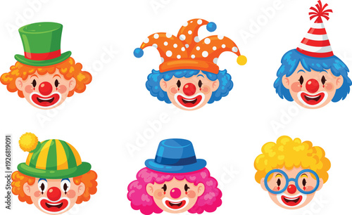 Funny cartoon clown faces collection – colorful hats, curly hair, red noses, circus clowns, happy expressions, vector flat illustration.
