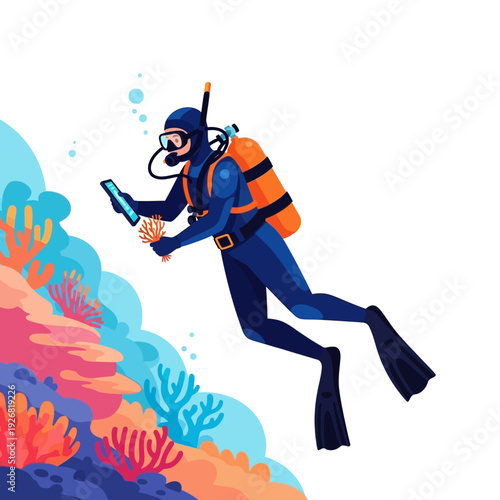 Scuba diver exploring vibrant coral reef with smartphone