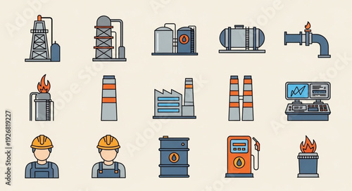 Oil and gas industry icons representing various aspects of energy production and processing.