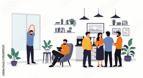 Modern flat vector illustration depicting office employees enjoying a break drinking coffee and interacting with each other, the concept of teamwork, business, and employee life.