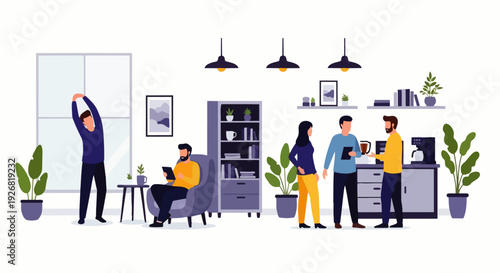 Modern flat vector illustration depicting office employees enjoying a break drinking coffee and interacting with each other, the concept of teamwork, business, and employee life.