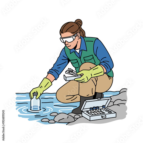 Scientist collecting water sample for analysis in outdoor environment