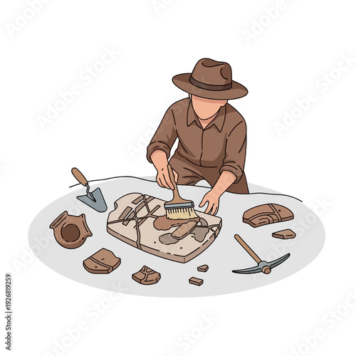 Archaeologist restoring ancient artifact with brush and tools