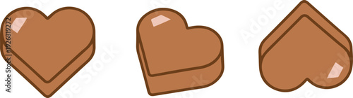 Set of three chocolate heart shapes illustrated from different angles, featuring a cute cartoon style with smooth outlines and warm brown tones, ideal for Valentine’s Day, love-themed designs, sweets 