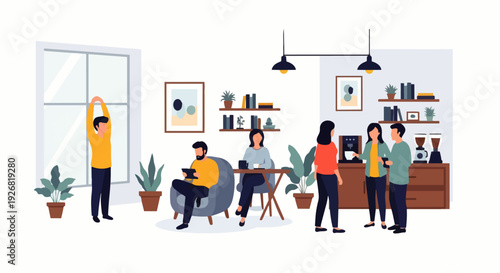 Modern flat vector illustration depicting office employees enjoying a break drinking coffee and interacting with each other, the concept of teamwork, business, and employee life.