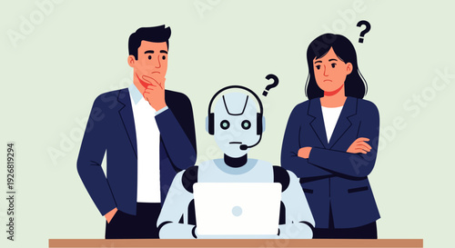 Flat vector illustration depicting frustrated and pensive businessmen watching AI robots working in the office. Concept of artificial intelligence, business, and automation.