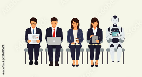 Flat vector illustration depicting workers and humanoid AI robots sitting and waiting for job interviews. Concept of job competition between humans and AI robots.
