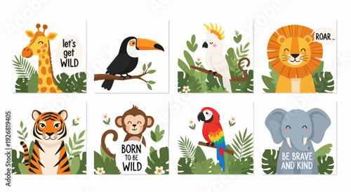 Jungle animal illustration collection. Includes giraffe, toucan, cockatoo, lion, tiger, monkey, parrot, and elephant. Created in cartoon style with a vibrant color palette.