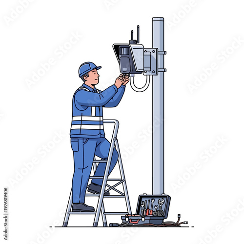 Technician installing traffic camera on pole with tools