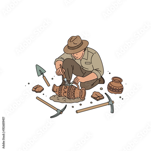 Archaeologist carefully excavating ancient pottery with brush and tools
