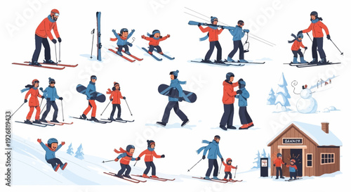 Skiers in Various Poses on Snowy Slopes.