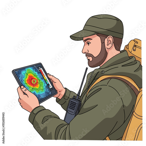 Man in green jacket analyzing weather map on tablet