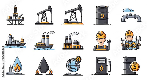 Oil and Gas Industry Icons Depicting Extraction, Production, and Refining Processes.