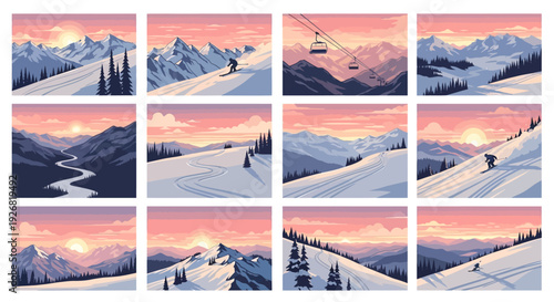 Skiers on Snowy Mountainside at Sunset.