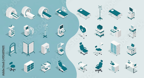 Isometric Hospital and Office Workspace Icons Set.
