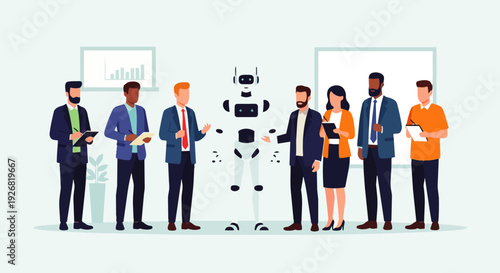 Flat vector illustration of a group of people communicating, collaborating, and discussing with an AI robot. Concepts of artificial intelligence, diversity, and business discussions in the modern work