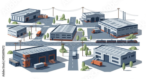 Industrial area with warehouses, trucks, and roads, a detailed illustration of the scene.