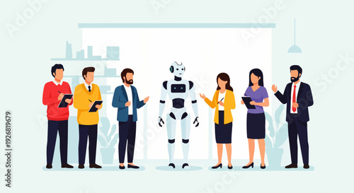 Flat vector illustration of a group of people communicating, collaborating, and discussing with an AI robot. Concepts of artificial intelligence, diversity, and business discussions in the modern work
