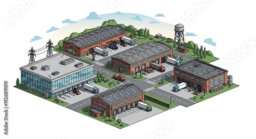 Industrial complex with various buildings and infrastructure, a detailed illustration.