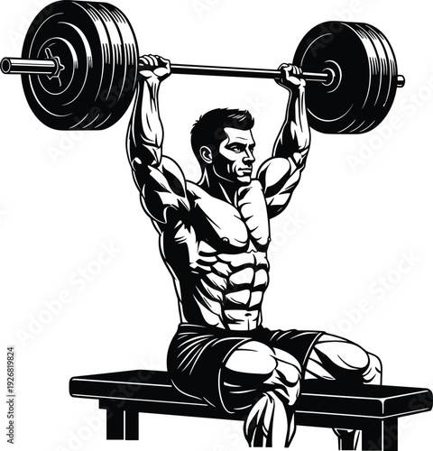 Muscular athlete performing seated barbell shoulder press on bench isolated on white background fitness bodybuilding strength training illustration gym workout power exercise concept art