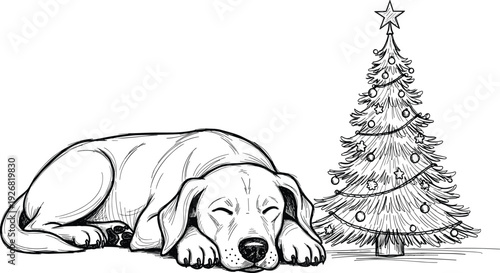 Hand drawn sketch of a cute sleeping dog lying peacefully next to a decorated Christmas tree for winter holiday design