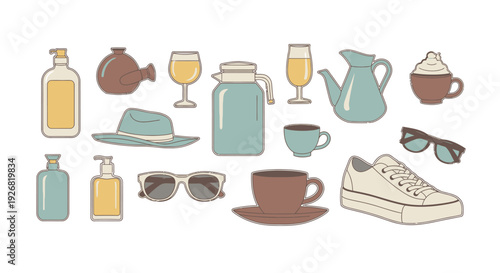 Collection of everyday objects and accessories, flat design style