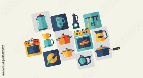 Collection of Kitchen Appliances and Utensils Icons, Flat Design