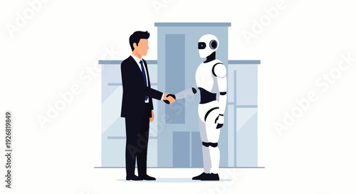 Flat vector illustration of a businessman shaking hands with an artificial intelligence robot. The concept of business cooperation, artificial intelligence and future business opportunities.