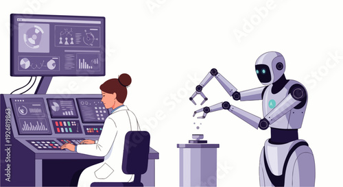 Flat vector illustration depicting a female scientist operating a humanoid AI robot in a high-tech laboratory with a futuristic data control panel.