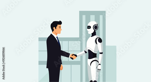 Flat vector illustration of a businessman shaking hands with an artificial intelligence robot. The concept of business cooperation, artificial intelligence and future business opportunities.