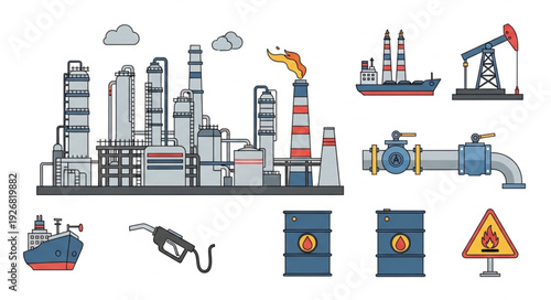 Oil refinery and related equipment illustration for energy production.