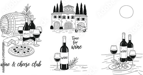 Collection of wine and cheese club line art featuring wine bottles glasses pizza barrel olives and Italian villa for design