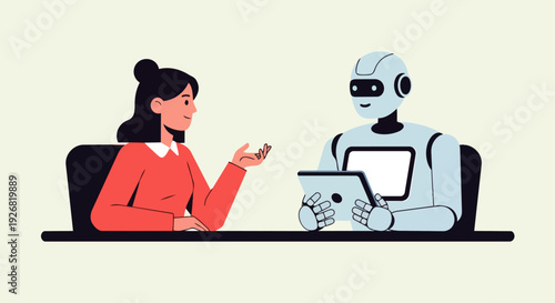 Modern flat vector illustration depicting a woman and a humanoid AI robot sitting side by side at a table together, concept of artificial intelligence, business, and optimization