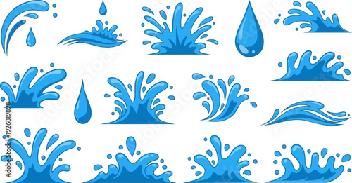 Water splash and drop vector collection. Includes splashing water, droplets, waves, and liquid elements. Created in cartoon style with blue palette.