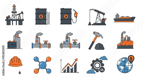 Oil and gas industry icons representing various aspects of energy production and technology.
