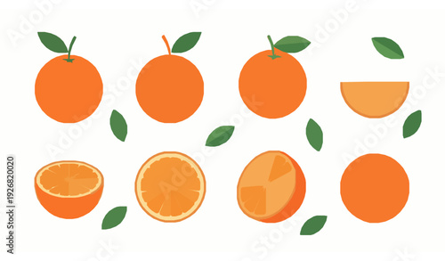Orange fruit collection with whole half and slice citrus elements flat vector illustration isolated on white background