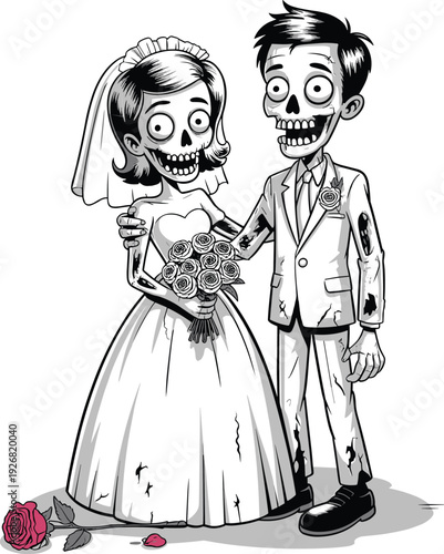 Funny zombie bride and groom cartoon illustration, spooky undead wedding couple art for Halloween, horror-themed marriage, black and white