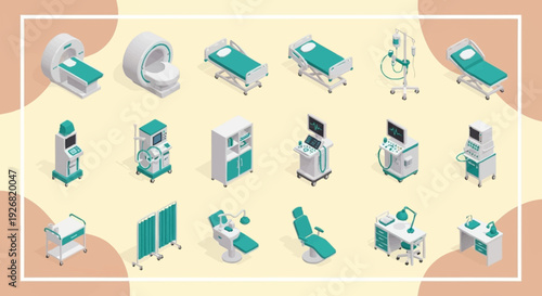 Medical equipment and hospital furniture icons set.