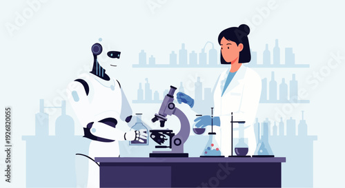 Flat vector illustration depicting a human and a robot working together in a modern laboratory. Concept of friendship, artificial intelligence, cooperation, science and technology.