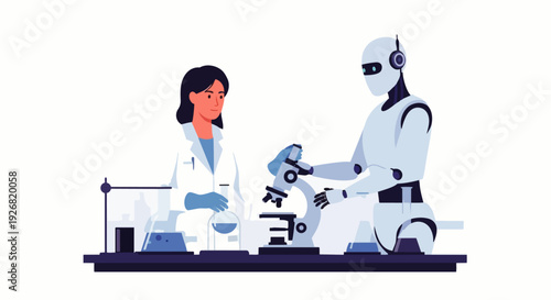 Flat vector illustration depicting a human and a robot working together in a modern laboratory. Concept of friendship, artificial intelligence, cooperation, science and technology.