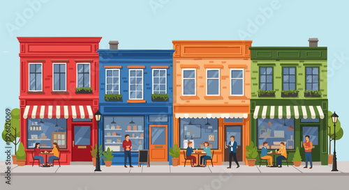 Street with colorful storefronts and people. Includes cafes, shops, and restaurants with awnings and outdoor seating. Created in flat cartoon style with a vibrant color palette.