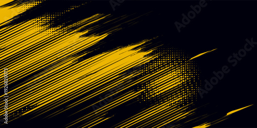 Halftone yellow dots pattern and black gradient grunge texture background. Dotted line comic sport style vector illustration.