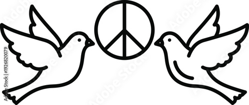 Peace symbol with flying dove birds illustration, black and white line art vector design representing harmony, freedom and anti war concept isolated on white background
