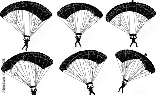 Parachuting Skydiver Silhouette Set Extreme Air Sport Adventure Illustration Collection Black and White Parachute Figures Isolated on White Background Vector Design