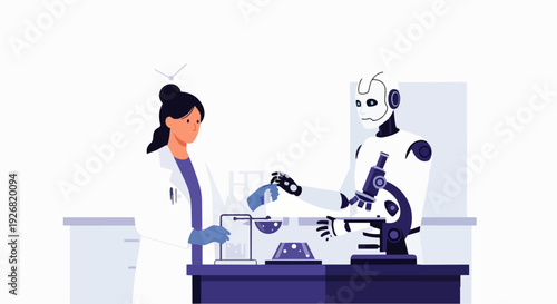 Flat vector illustration depicting a human and a robot working together in a modern laboratory. Concept of friendship, artificial intelligence, cooperation, science and technology.