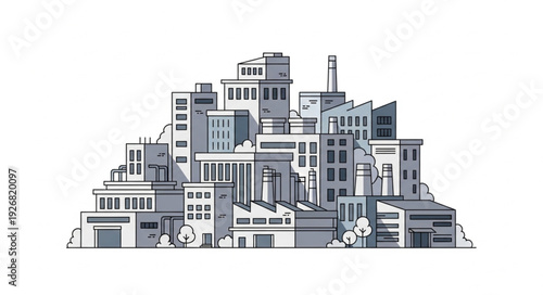 Urban cityscape illustration featuring various buildings and architectural designs in monochrome.